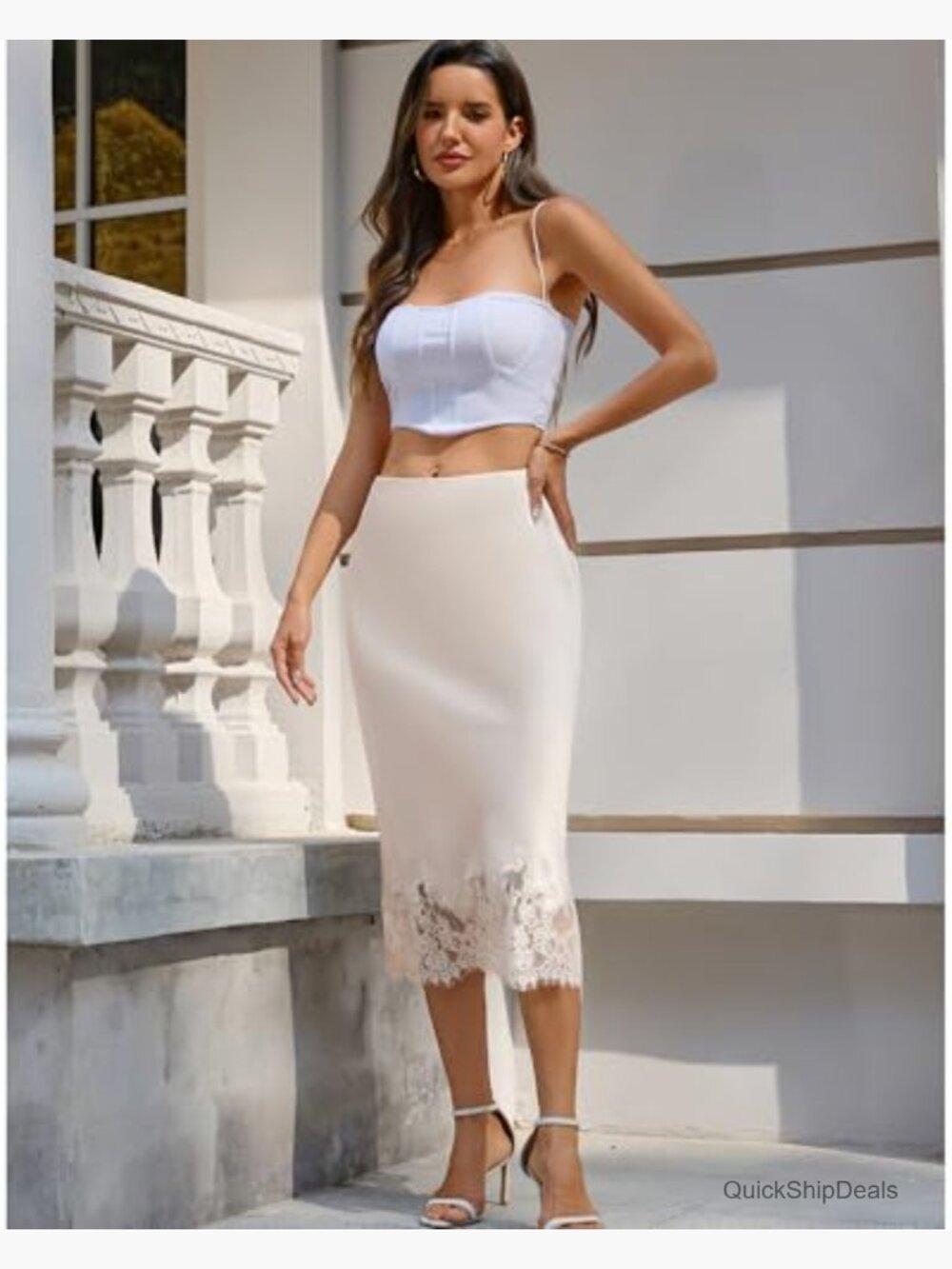 Satin Midi Skirt with Lace Trim, A-Line Elastic Waist for Work or Party - Picture 3 of 7